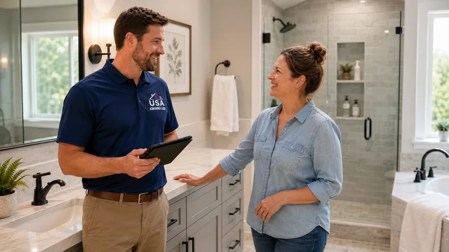 A USA Homeowner Guide representative and a homeowner reviewing remodel options in a modern bathroom
