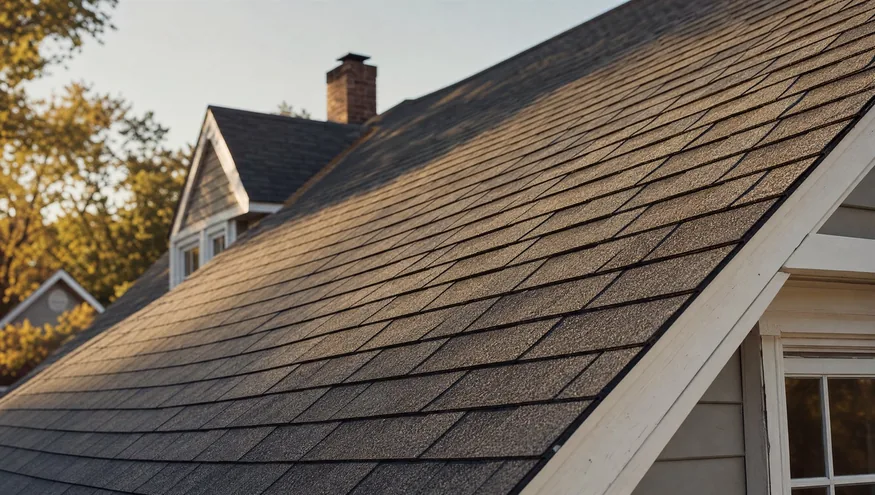 Close-up of a newly finished architectural shingle roof at golden hour