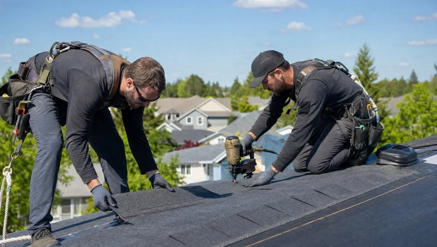 Professional roofers installing shingles on a residential rooftop
