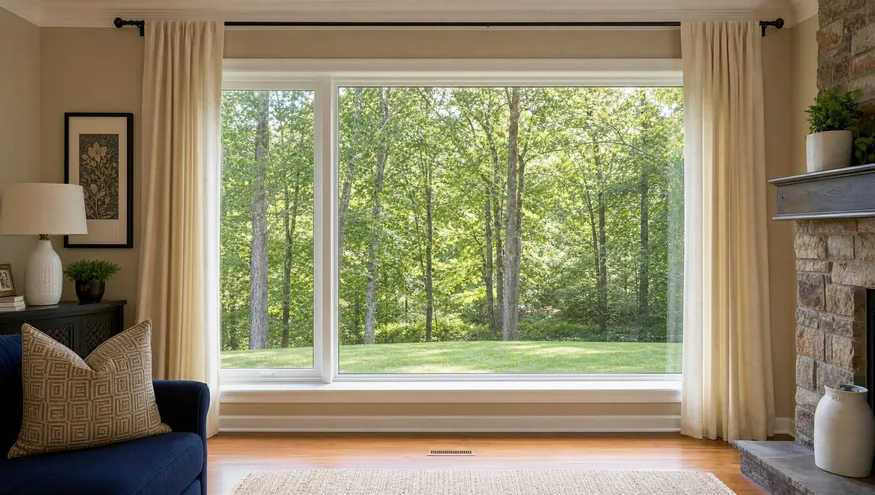 Interior living room with a large energy-efficient picture window and bright daylight